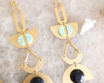 Brass Boho Turquoise + Blue Goldstone Shoulder Duster Earrings