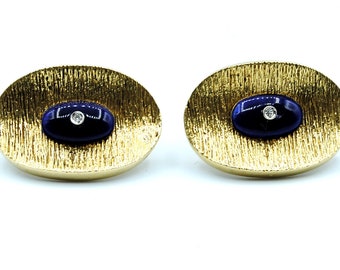 18k Yellow Gold Blue Enamel Diamond Accent Cufflinks #263621726899
