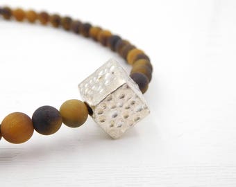 Tigers Eye beaded gemstone necklace-modern necklace-textured silver necklace-geometric jewellery