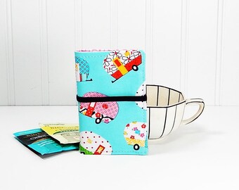 Tea wallet with campers - fabric teabag caddie - tea bag case - 4 pockets - gift for tea drinker - gift for camper
