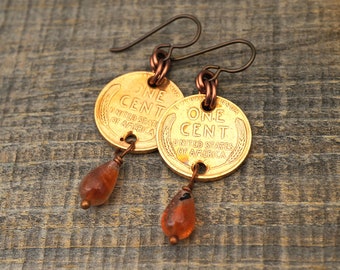 Sunstone and penny earrings, wheatie pennies, Niobium earwires, Boho style