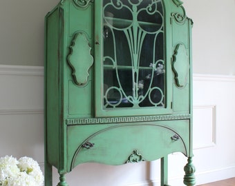 SOLD!!! CUSTOM FINISH for Anh - Antique Jacobean Hand Painted Cottage Chic Shabby Cupboard China Hutch Display Cabinet Antique Green Finish