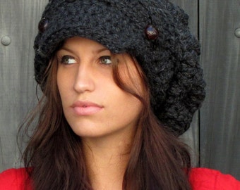 Slouchy Hat Winter Hat Womens Satin Lined Newsboy Hat Chunky Wool Cap Gifts for Her - Aliyah Cap Charcoal Gray or CHOOSE Your color