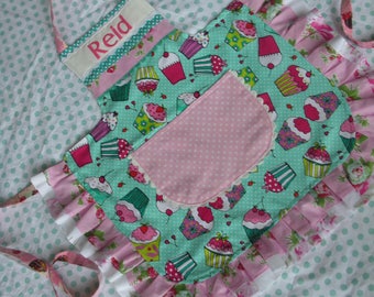 Girls Aprons - Girls Aprons with Cupcake Fabric - Turqoise Girls Apron - Girls Pink Aprons - Girls Aprons with Pockets - Annies Attic Aprons
