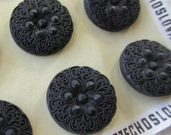 6 Vintage 1970s Czech Glass Buttons Handmade Large Black Glass Czechoslovakia #130