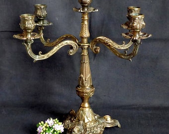 Brass Candelabra - Brass Candle Holder /Antique Candelabra / Wedding Candelabra /Christmas Candle holder/ Five Armed Candlestick Holder