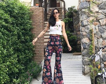 Women's High Waisted Floral Print-Floral Jeans- Bell Bottoms-Flare Pants-Dark jeans All size
