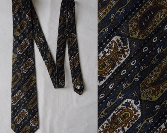 Mens vintage paisley tie cravate, blue green patterned cotton tie, french cravate, neck tie