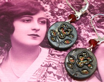 Antique Perfume BUTTON earrings, French Victorian buttons on silver. 1.5" Button jewellery. Unique present, gift.
