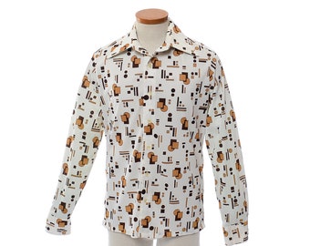 Vintage 70s Medici Geometric Disco Shirt 1970s Graphic Polyester Blend Pimp Shirt, Prom Retro Dance Party Shirt / mens M