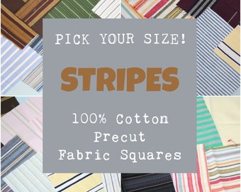 Striped Precut Fabric Squares, 100% Cotton Fabric, Pick Your Size, 10 Quilt Squares