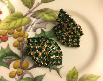 Green Rhinestone Clip Earrings