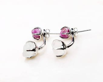 2 WAY EARRINGS. Silver Ruby Earrings. Silver Drop Ruby Earrings. Silver gemstone earrings. Valentine's gift. July birthstone. Raw ruby.