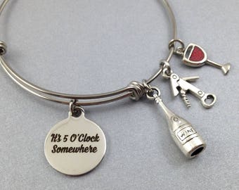 Wine Bracelet, Wine Bangle, It's Five O'Clock Somewhere, Wine Lover Gift, Wine Jewelry, Alcohol Jewelry