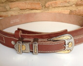 Vintage french leather belt with metal buckle