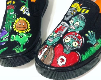 Hand painted Plants vs zombies inspired kids canvas shoes