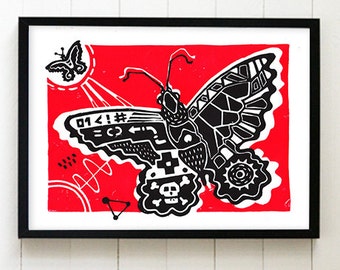 Butterfly Linocut Black & Red (210×297mm)