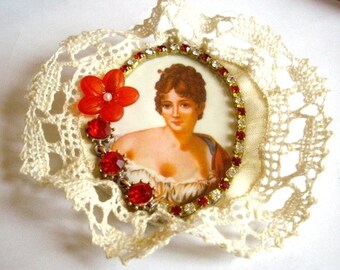 Large textile brooch vintage cabochon, swarovski crystal