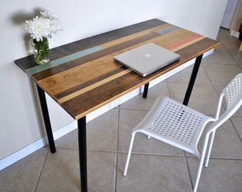 Distressed Colorful Wood Desk with Round Metal Legs