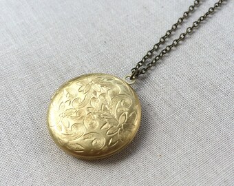 Gold Flower Locket Necklace ~ Long Etched Brass Keepsake Locket Pendant Necklace
