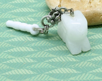 Bunny Phone Charm - White Quartz Stone Rabbit Bead, Mini Chainmaille, Headphone Jack Dust Plug Charm, Cell Phone / Smartphone Accessory