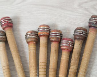 Vintage Wood Spools Set of 8 - Primitive Wool Mill Spools - Decorative Wood and Metal Decor