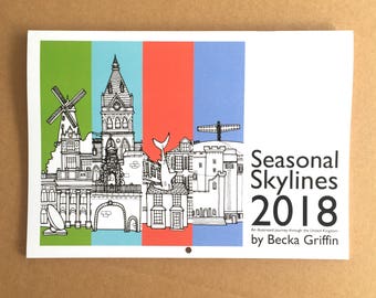 UK City Skylines Calendar 2018 - Illustrated City Skylines 2018 Calendar - Seasonal Skylines UK Wall Calendar - 2018 illustrated calendar