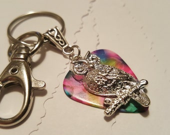 Guitar Pick KeyChain - Guitar Pick Jewelry - Tye Dye - Owl Key chain - Owl Jewelry - Pick Key Chain