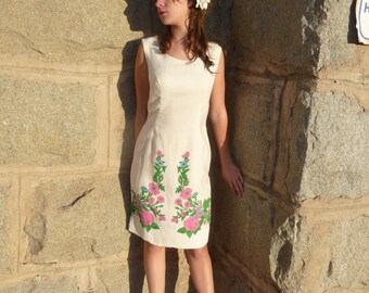 Vintage 60s Dress Mad Men Linen Wiggle Floral Spring Dress by Edith Flagg