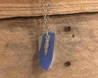 Sea Glass Necklace with Feather Pendant