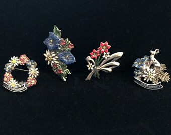 Vintage Tyrolean Hat Pins Bavarian, German Hiking Badges, Neuschwanstein, Black Forest, Oktoberfest, 4 Alpine Hat Pins
