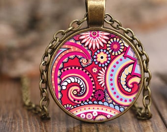 Vintage Style Pink Paisley Pendant Necklace, Bohemian Style