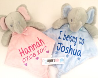 Personalised Comfort Blanket, Baby Elephant Comforter, Blanket Pink Blue Boy Girl Newborn Gift, snuggle blanket.