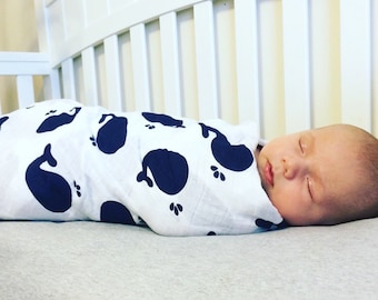 SALE!!!!! Navy Blue Whale Cotton Swaddle Blanket