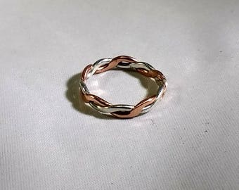 Twisted wire ring, Sterling silver and copper wire ring, Silver and copper ring, Hammer-textured twisted silver and copper wire ring