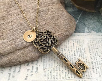 Ornate Key Necklace, Victorian Key Necklace, Initial Necklace, Key Necklace, Friendship Necklace, Hand Stamped, Bridesmaid Gift