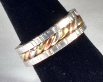 Sterling silver ring, Twisted silver, copper and brass wire ring, Textured ring