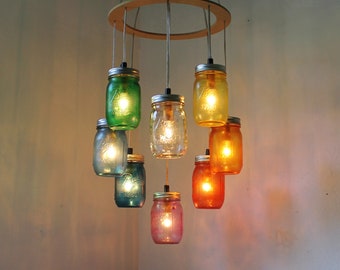 RAINBOW Heart-Shaped Mason Jar Chandelier - Rustic Hanging Pendant Lighting Fixture - Direct Hardwire - Modern Home BootsNGus Lamp Design
