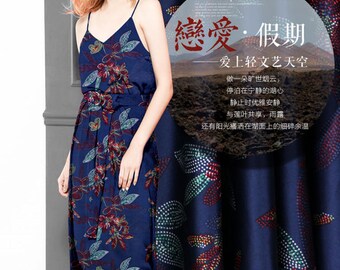 Art Flower Floral Print Navy Blue Stretch Silk Satin Fabric Width 46 inch