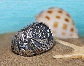 Men gothic PIRATE SCHOONER ring oxidized Sterling silver 925, Piraten Schoner, Goleta pirata