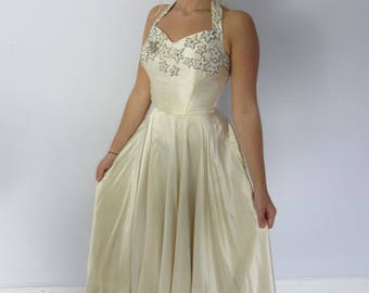 Vintage 40's cream satin beaded evening or wedding dress boned corset XS halter neck Hollywood old glamour