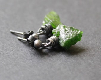 Small earrings, raw sterling silver and diopsyde earrings, oxidized silver,