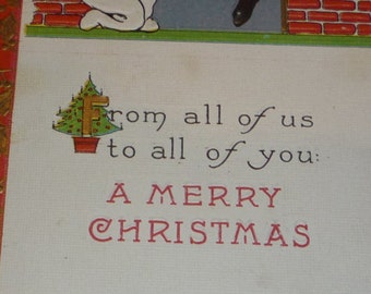 Little Boy Reaching For Christmas Stocking Antique Christmas Postcard