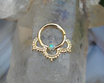 Tribal Septum Ring - Septum Piercing - Septum Jewelry - Septum Nose Ring - 14K Solid Yellow Gold Septum Ring Set With a 2mm Blue Opal