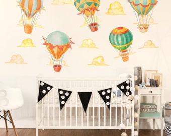 Up & Away Hot Air Balloon Watercolor Wall Decal Kit - Hot Air Balloon Wall Decal by Chromantics