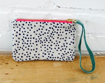Navy Polka Dot Linen Wristlet