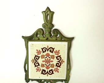 May Sale Event Vintage Green Cast Iron and Ceramic Trivet, Kitchen Wall Hanging, Taiwan