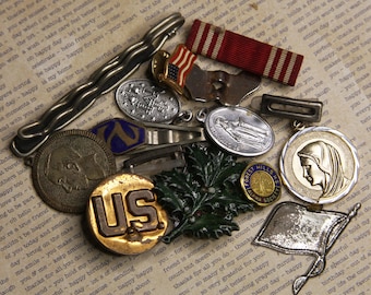 Vintage Religious MEDALS- Trinkets- Military Pins- Clips- Found Object Lot