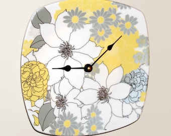 Yellow and Gray Floral Wall Clock, Silver and Yellow Clock, SILENT Porcelain Plate Clock, Unique Wall Decor, Kitchen Clock 1859