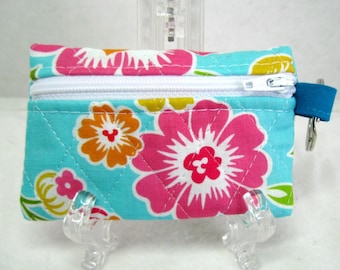 Quilted Coin Purse - Floral Hawaiian Flowers - Change Purse - Small Tropical Flower Zippered Pouch - Ear Bud Case